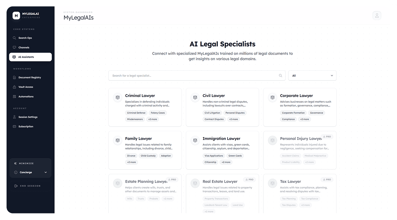 MyLegalAI Enterprise dashboard showing AI Legal Specialists, search, and specialty cards